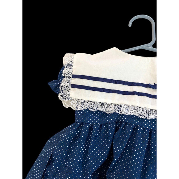 Vintage Sailor Dress Baby Girls Size 18M Blue White Peter Pan Collar Swing Skirt - Picture 4 of 10
